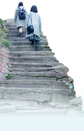 写真:階段を女性2人が登っています